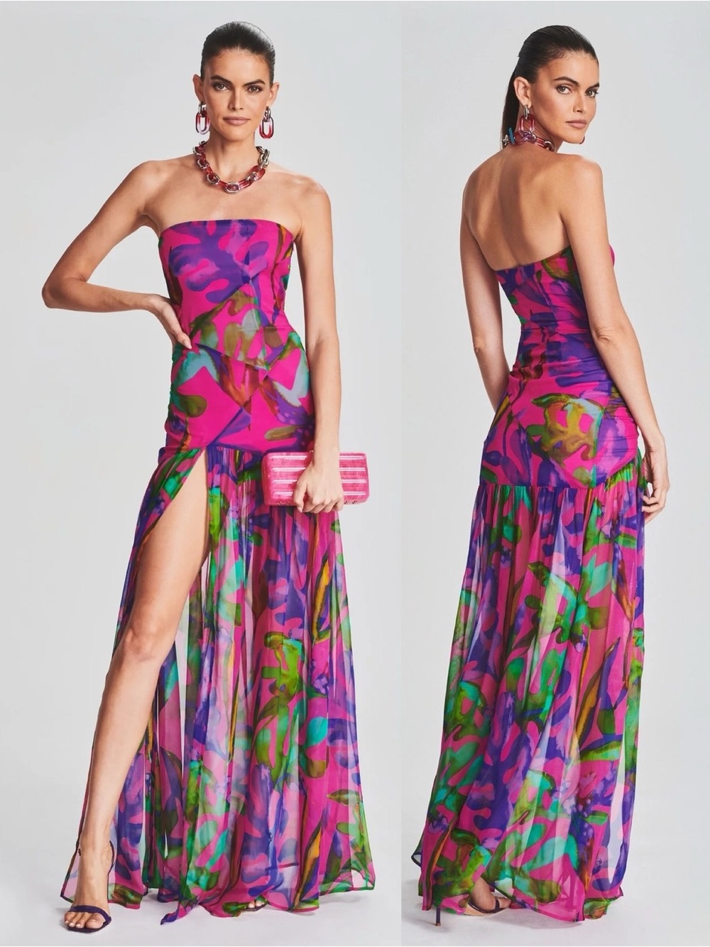 Retrofete Nicole Strapless Maxi Dress Pink Tropical Leaf NEW with tags